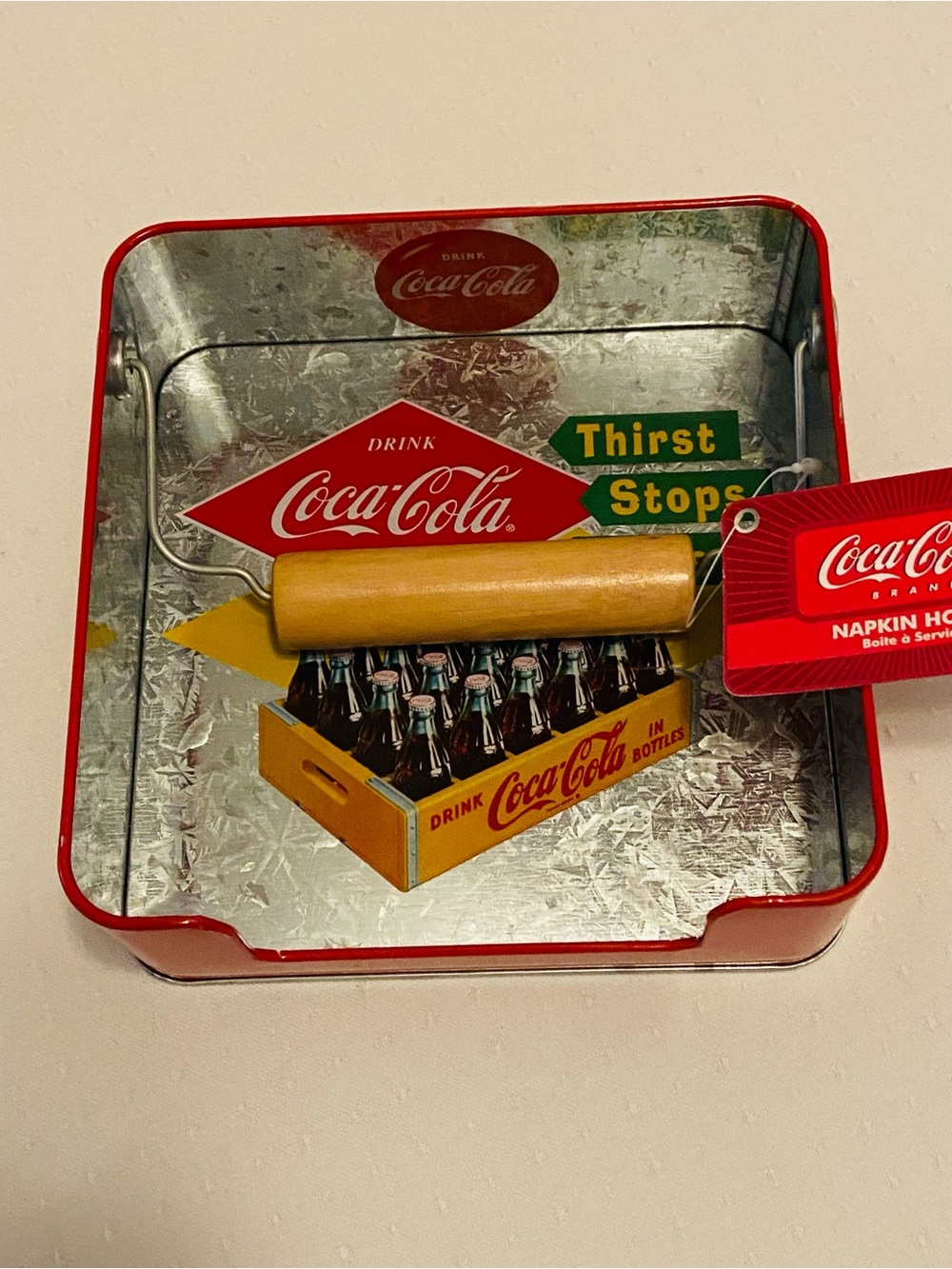 Coca-Cola Red and Yellow Tin Napkin Holder with Bottle Crate Graphic